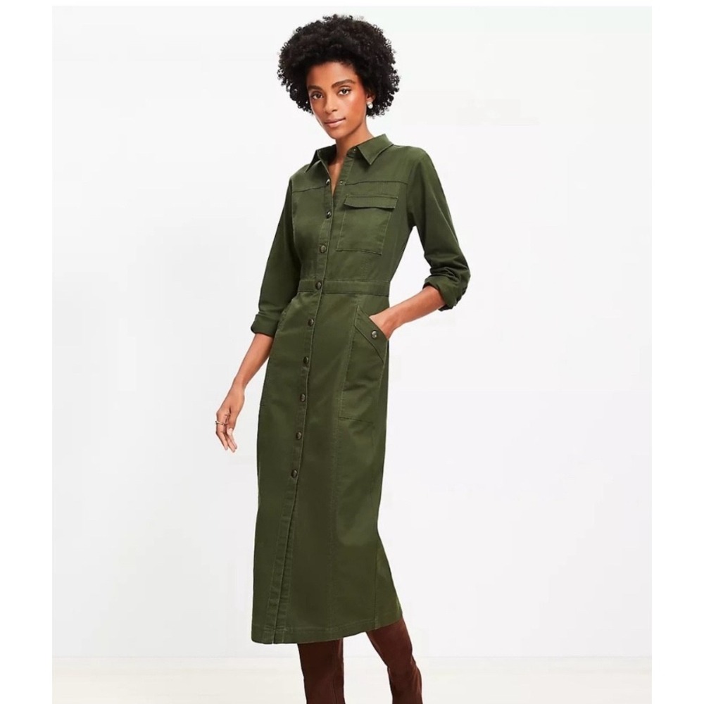 LOFT Womens Olive Green Cotton Twill Utility Snap Front Maxi Shirtdress Size 0